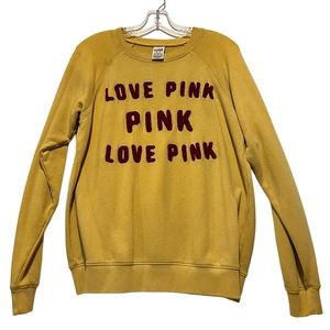 LOVE PINK Victoria’s Secret‎ mustard sweatshirt EUC Teddy Bear raised letters XS